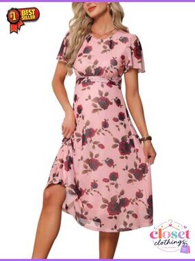 Maternity Floral Mesh Dress Belted Pleated Short Sleeve Midi
